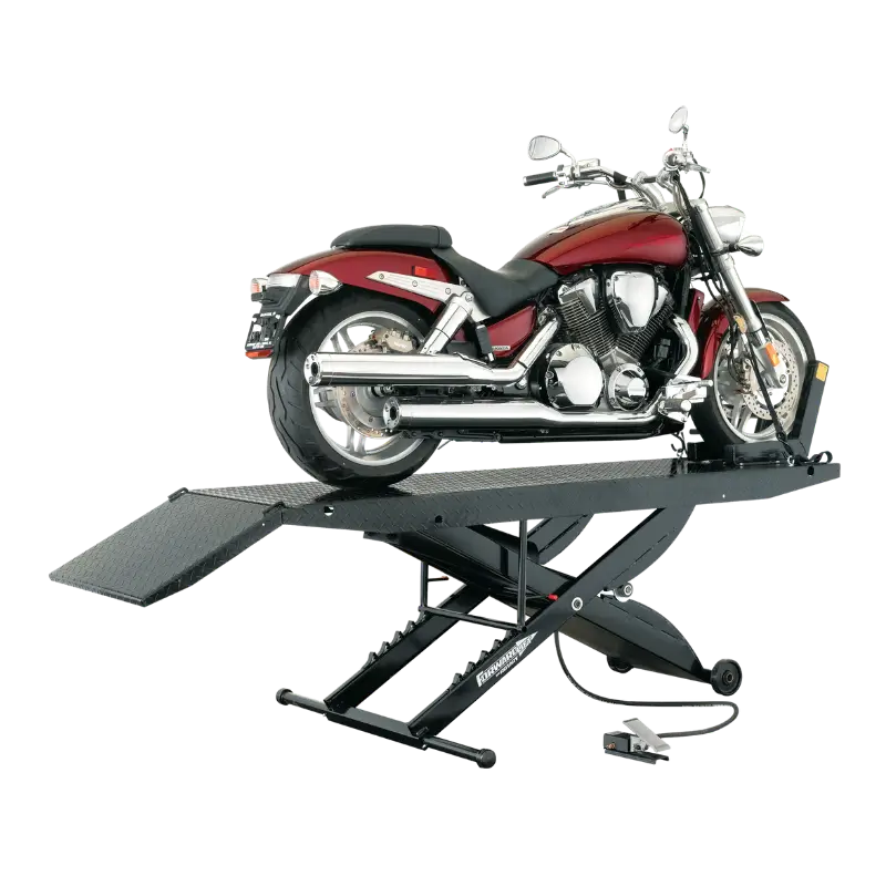 Forward Lift 1000MCLDT Portable Motorcycle Lift with motorcycle securely positioned for maintenance