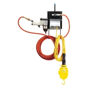 Forward Lift 2-Post Air/Electric Work Station FA5911 attached to a 2-post lift, showcasing air station with F/R/L, electric outlets, and tool storage. Forward Lift 4-Post Air/Electric Work Station FA915 with F/R/L system for air and electric utility on four-post lifts. Durable and efficient.