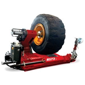 Rotary R573 heavy duty tire changer for trucks, agricultural, and earthmoving vehicles with double speed rotation and high bead breaking force