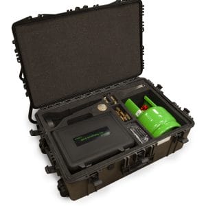 Rotary RAI Service Kit for R3AC Series Carts, includes foamed Pelican-style box, electronic scale, oil funnel, filter wrench, O-ring kit, empty 6L tank, weights, and adapters
