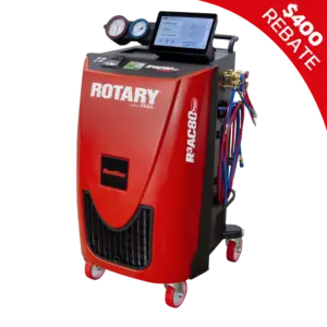 Rotary R3AC80 dual-gas ac machine recovery compatible with R134a and R1234yf, featuring touchscreen interface and multi-port manifold
