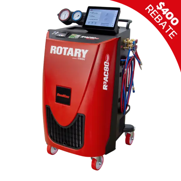 Rotary R3AC80 dual-gas ac machine recovery compatible with R134a and R1234yf, featuring touchscreen interface and multi-port manifold