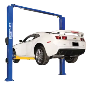 white Camaro on a direct lift two post car lift