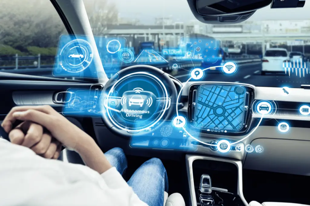 Futuristic view of a car&rsquo;s dashboard displaying autonomous driving and ADAS technology interface.