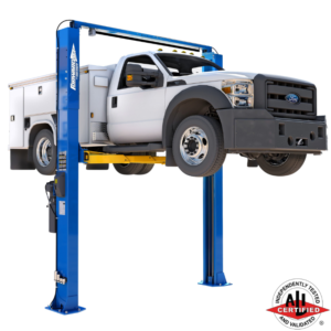 White Ford service utility truck elevated on a Forward Lift I12 two post lift, ideal for heavy-duty vehicle maintenance, ALI certified