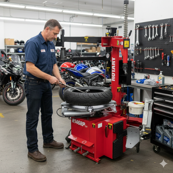 Rotary R146RP motorcycle tire changers with adapter kit for shop owners and businesses, designed to safely change sport bike, cruiser, and dirt bike tires