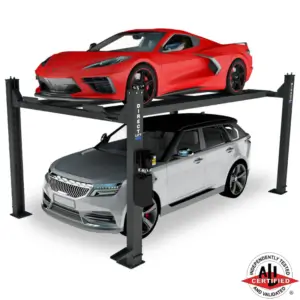 Red Corvette and silver SUV parked on a Direct Lift PP9 four post auto lift, ALI certified for residential or commercial garage use