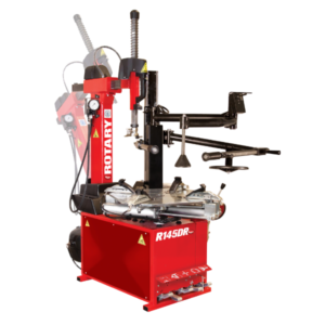 Rotary Rotary R145DR tilt-back motorcycle tire changing machine with adapters for sport, cruiser, dirt, and touring bike wheels