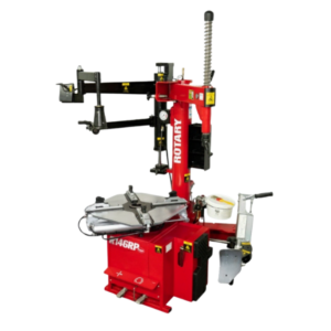 Rotary Rotary R146RP motorcycle tire changer with assist arm and wheel clamped for service
