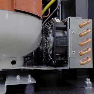 Close-up of the Rotary R3AC50 Automatic A/C Cart dual cooling fans and copper tubing for efficient refrigerant management and cooling performance.