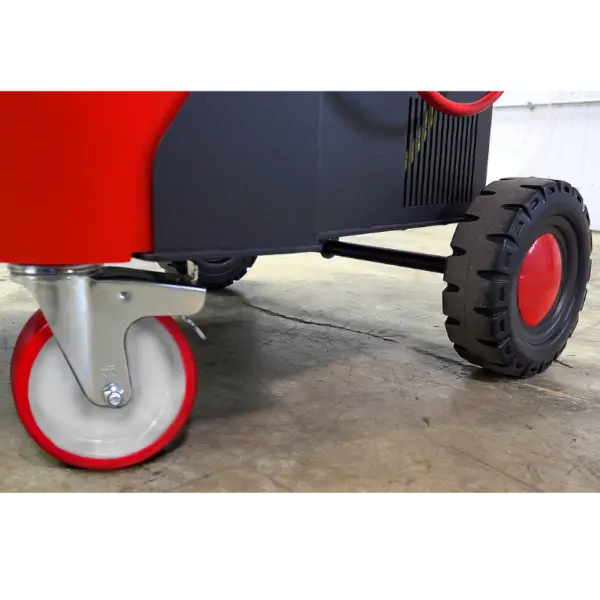 Heavy-duty wheels and caster system of the Rotary R3AC50 Automatic A/C Cart, designed for easy mobility and stability in automotive service environments.