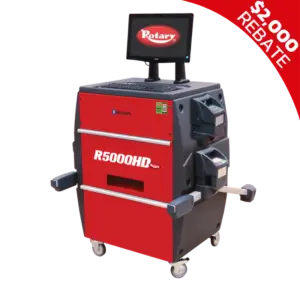 Rotary R5000HD heavy-duty wheel alignment machine with Bluetooth sensors and built-in computer workstation for commercial vehicle service