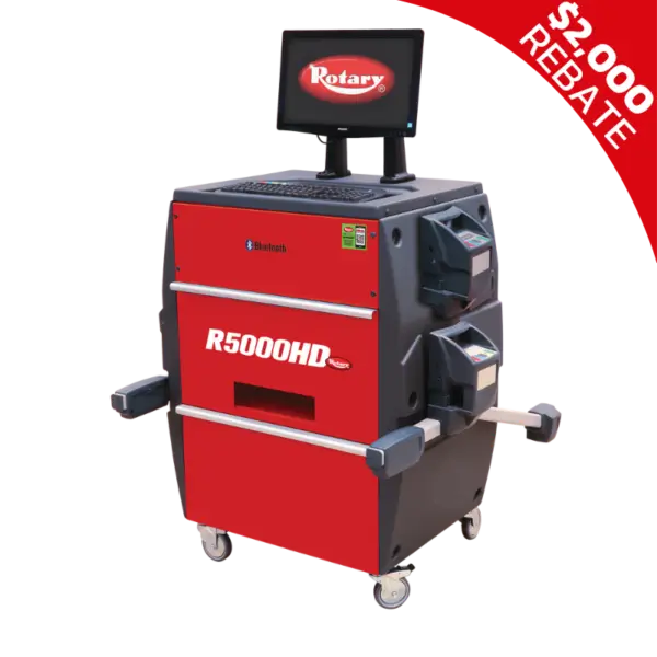 Rotary R5000HD heavy-duty wheel alignment machine with Bluetooth sensors and built-in computer workstation for commercial vehicle service