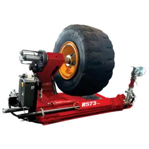 Rotary R573 heavy duty tire changer for trucks, agricultural, and earthmoving vehicles with double speed rotation and high bead breaking force